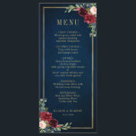 Menu Casamento Geométrico Dourado com Blush Azul-marinh<br><div class="desc">Menu de casamento floral azul-escuro, arrojado, geométrico, com buquê elegante de azul-marinho, azul-real, branco, esbranquiçado, lenhoso, rosa de marsala e folhas verdes de eucalipto sage e elegante quadro neutro geométrico de brilho dourado. Entre em contato comigo para obter ajuda sobre a personalização ou se você precisar de outro produto com...</div>
