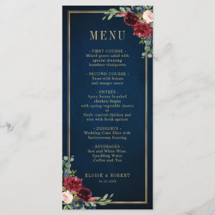 Menu Casamento Geométrico Dourado com Blush Azul-marinh