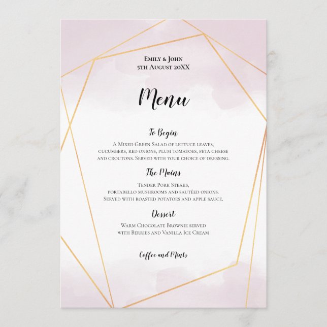 Menu Casamento Geométrico Dourado de Cor de Água Rosa E (Frente)