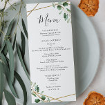 Menu Casamento Geométrico Eucalyptus Greenery Dourado<br><div class="desc">Projetado para coordenar com a nossa coleção de casamento Moody Greenery,  este Menu personalizável apresenta uma folha de cor d'água verde de eucalipto realçada com um quadro geométrico dourado com texto de cinza. Para fazer alterações avançadas,  vá para a opção "Clique para personalizar mais" em Personalizar este modelo.</div>