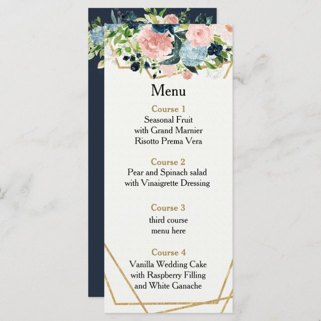 Menu Casamento Geométrico Floral Dourado Blush Marinho  (Frente/Verso)