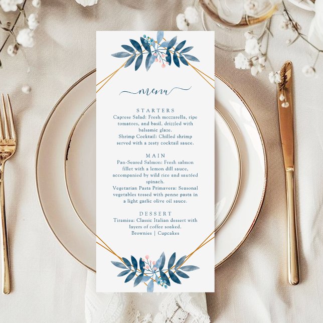 Menu Casamento Geométrico Moderno em Azul Poeirento e V (Criador carregado)