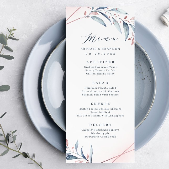 Menu Casamento Geométrico rosa Dourado Dusty Blue Green (Rose Gold Dusty Blue Greenery Geometric Wedding Menu)
