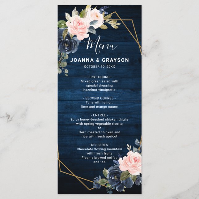 Menu Casamento Geométrico Rustic Wood Marinho Azul Blus (Frente)