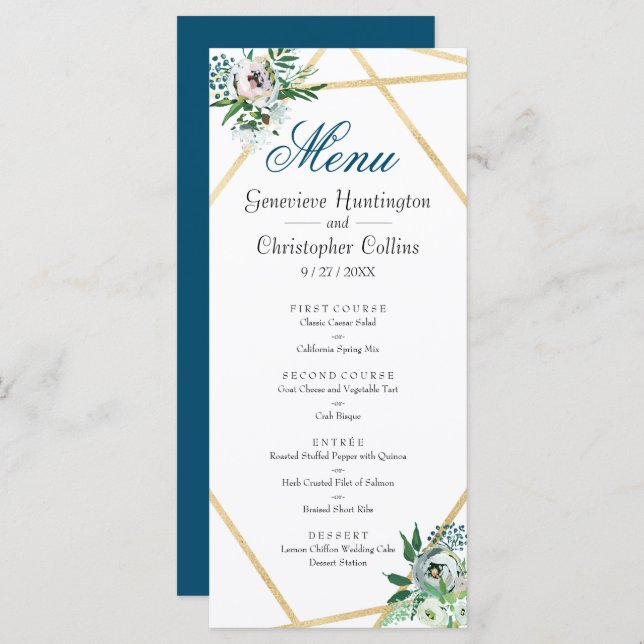 Menu Casamento Geométrico Watercolor Boho Floral (Frente/Verso)