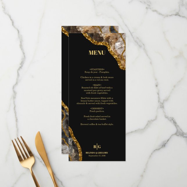 Menu Casamento Glitter de Geodo de Agato Preto e Dourad (Frente/Verso In Situ)