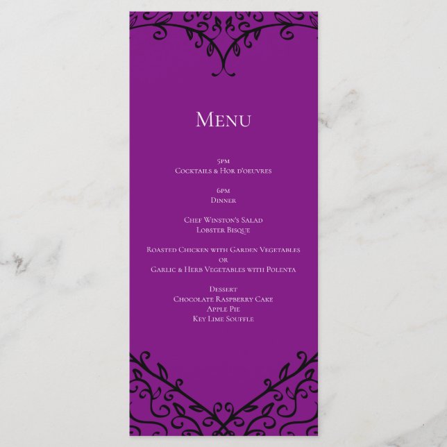 Menu Casamento Gótico de Coração Preto Roxo (Frente)