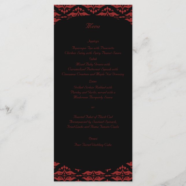 Menu Casamento Gótico de Damasco Vermelho e Negro (Frente)