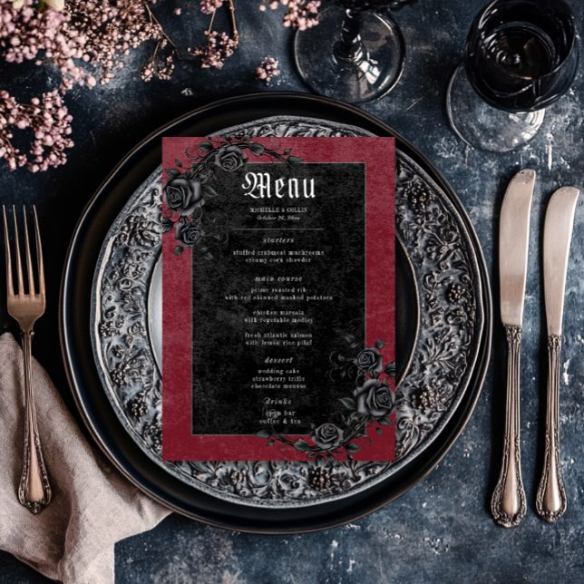 Menu Casamento Gótico de Raven Preto e Vinho Rosa (Gothic Black Raven & Roses Wine Wedding Menu)