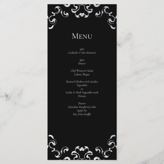 Menu Casamento Gótico de Silver e Black Swirl (Frente)