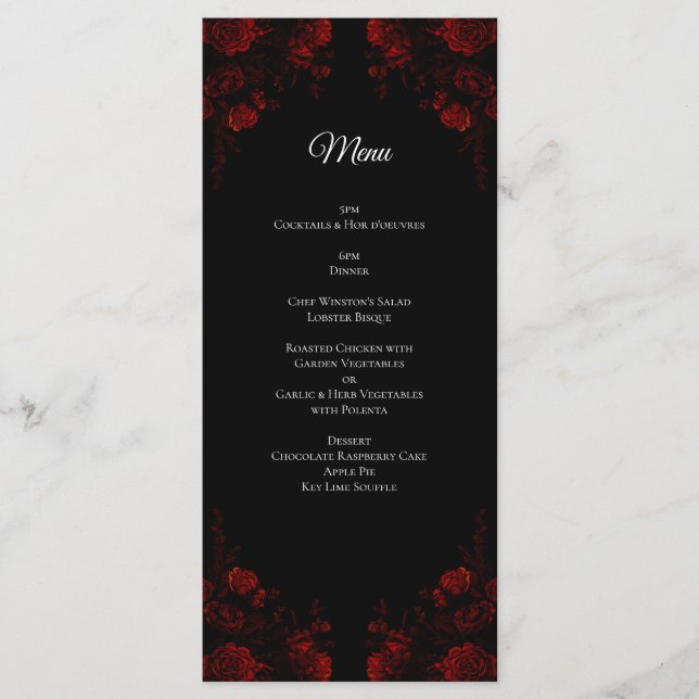 Menu Casamento Gótico Elegante Floral Vermelho Profundo (Frente)