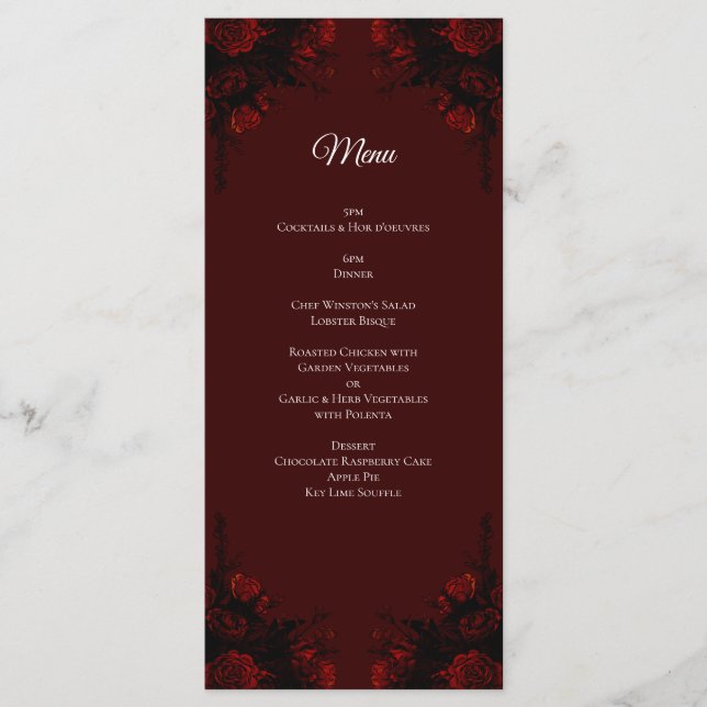 Menu Casamento Gótico Elegante Floral Vermelho Profundo (Frente)