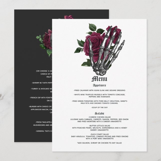 Menu Casamento Gótico Esqueleto Floral Borgonha (Frente/Verso)