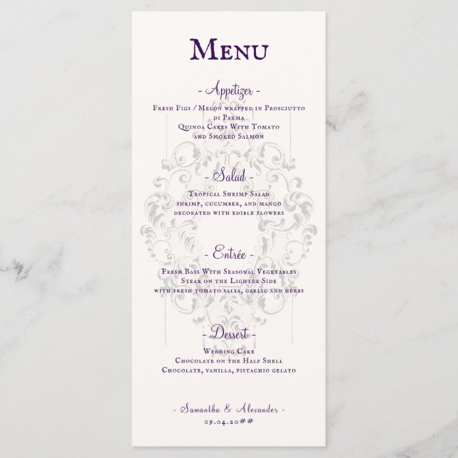 Menu Casamento Gótico Impressão Rústico Púrpura de Marf (Frente)