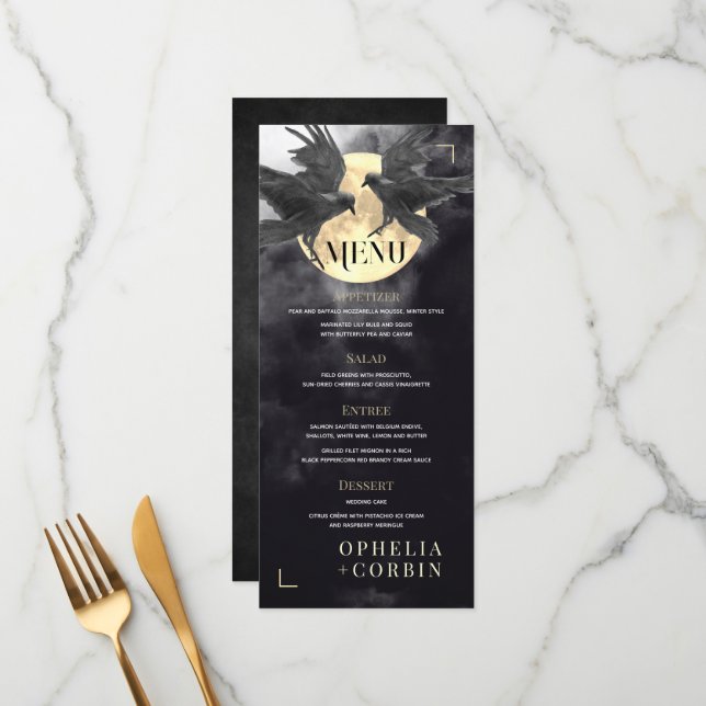 Menu Casamento Gótico Raven & Ouro (Frente/Verso In Situ)