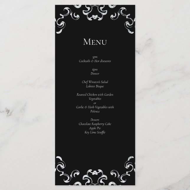 Menu Casamento Gótico Redemoinho Prata e Preto (Frente)