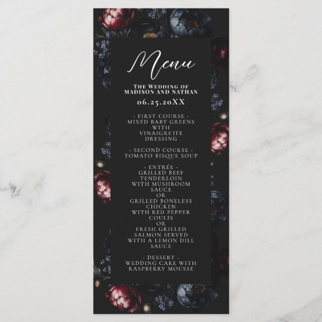 Menu Casamento Gótico Romântico de Peônias Negras Escur (Frente)