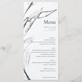 Menu Casamento gráfico branco e preto moderno com folha