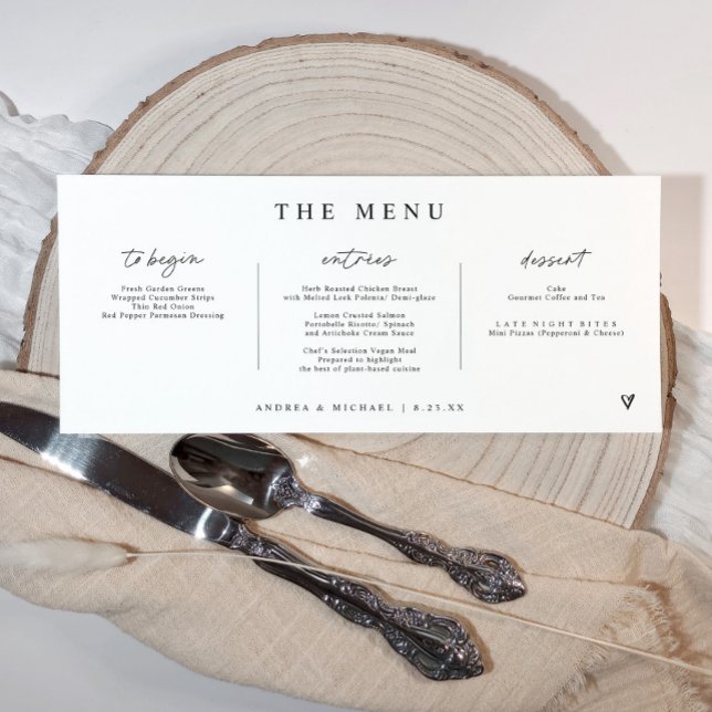Menu Casamento Horizontal Coração Escrita Moderna (Horizontal wedding menu with modern handwriting script and hand drawn heart - Black and white)