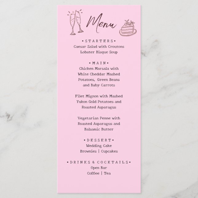 Menu Casamento Ilustrado Cor-de-Rosa Caprichoso  (Frente)