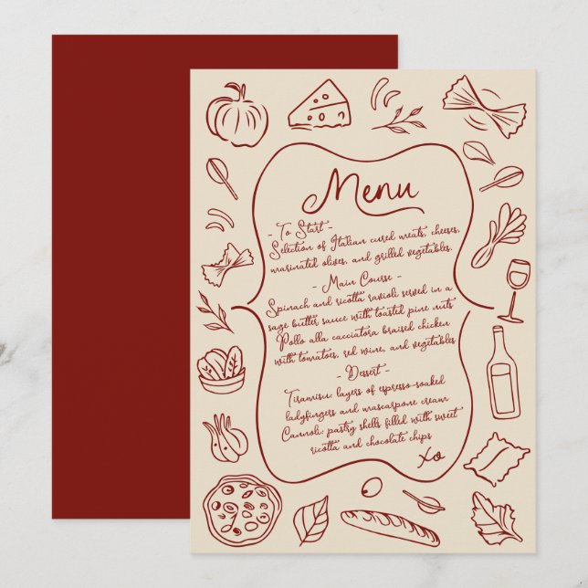 Menu Casamento Italiano Desenho Mão (Frente/Verso)
