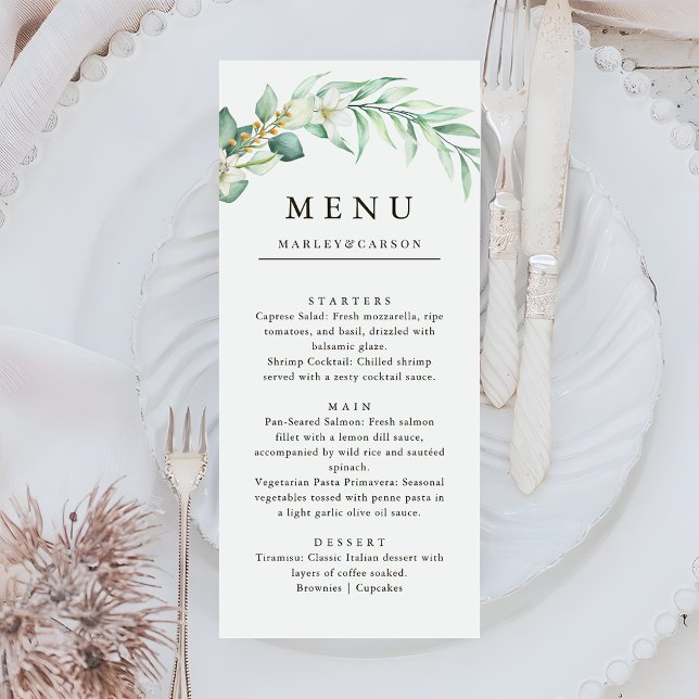 Menu Casamento Jantar Folhagem Verde Elegante (Criador carregado)