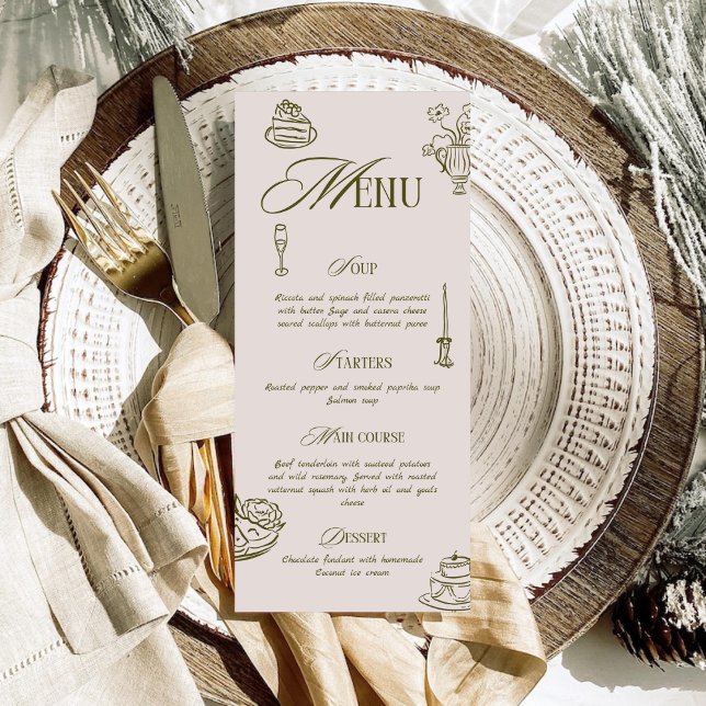 Menu Casamento Jantar Ilustrado Verde Retro Desenhado à (Criador carregado)