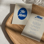 Menu Casamento Jante Colorido Retro Bright Funky Modern<br><div class="desc">Um retro fedorento,  moderno e brilhante menu de janto de casamento. Que apresenta design modelo chic de boho vintage beige leitky background e blue typografia e vintage bold menu em azul. Menu perfeito e fácil de ser editado que corresponde a toda a suíte.</div>