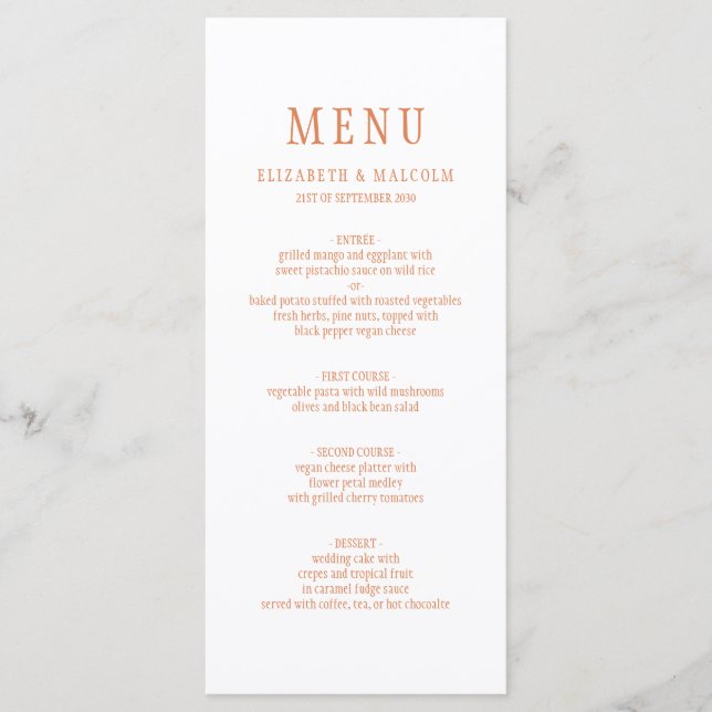 Menu Casamento Laranja de Cobre Branco Elegante (Frente)
