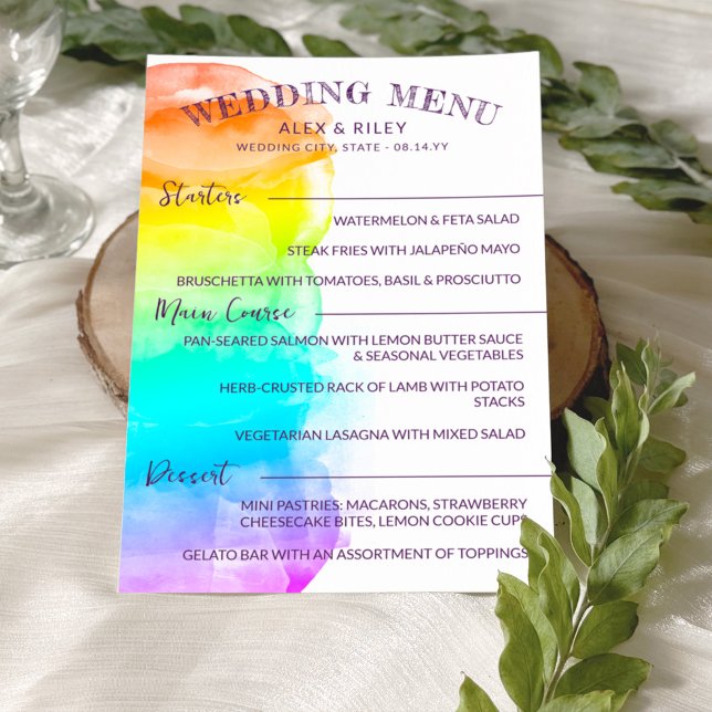 Menu Casamento LGBTQ do Rainbow Watercolor Splash (Criador carregado)