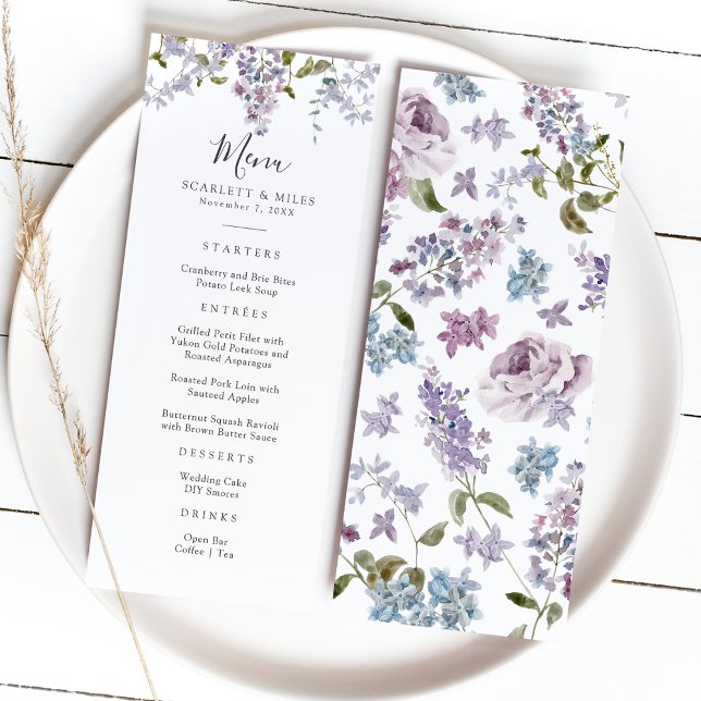 Menu Casamento Lilás Elegante (Elegant Watercolor Lilac Floral Wedding Menu by Painted Paperie
)