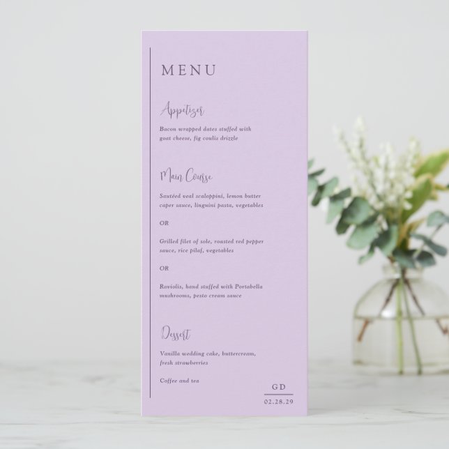 Menu Casamento Lilás Moderno Grace (Em pé/Frente)