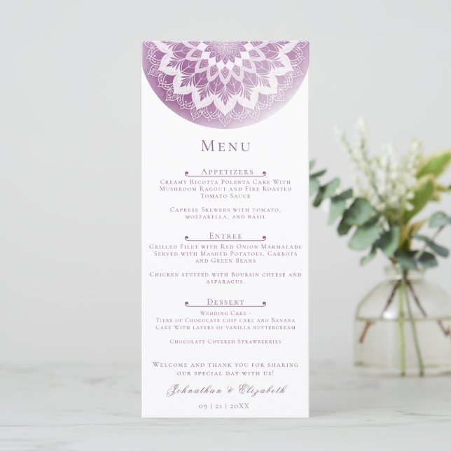 Menu Casamento Mandala com Renda Rosa (Em pé/Frente)