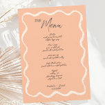 Menu Casamento Manuscrito Peach Retro Wavy Squiggle<br><div class="desc">Um cartão de cardápio do estilo manuscrito de borda ondulada,  seguindo a última tendência do papel de carta de casamento.</div>