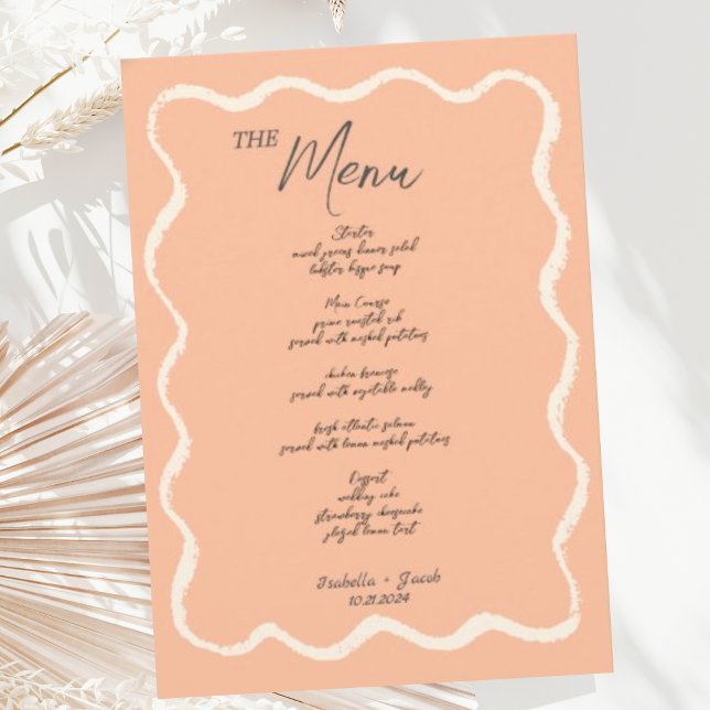 Menu Casamento Manuscrito Peach Retro Wavy Squiggle (Criador carregado)