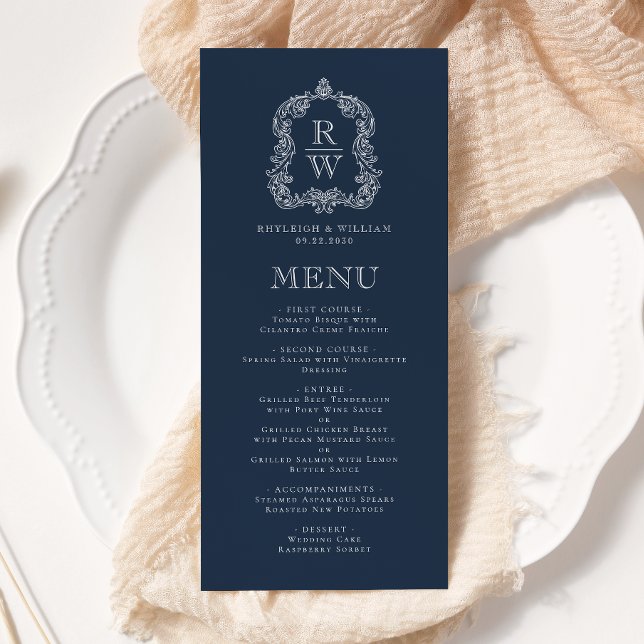 Menu Casamento Marinho Azul do Monograma Elegante (Criador carregado)