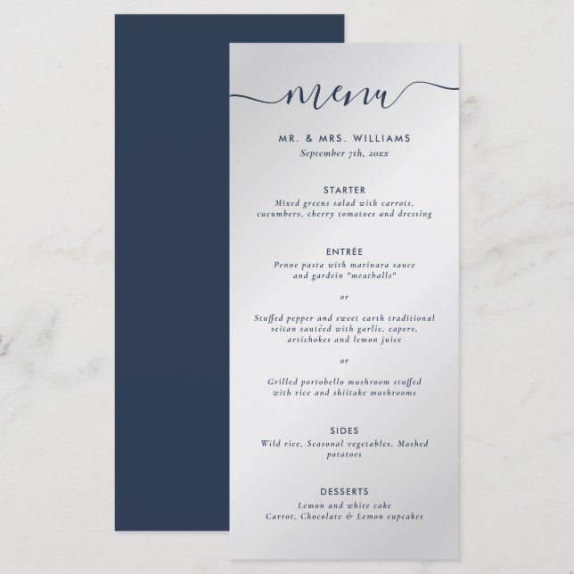 Menu Casamento marinho Azul e Prata (Frente/Verso)