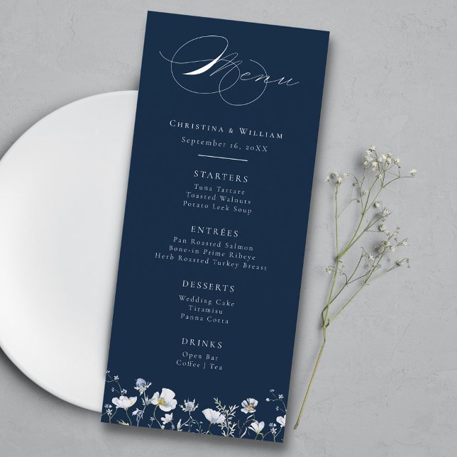 Menu Casamento marinho Azul Elegante Inverno Flores Sel (Criador carregado)