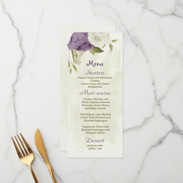Menu casamento mauve de flores brancas verde (Frente/Verso In Situ)