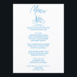 Menu Casamento mediterrânico Desenho à Manuscrita Azul<br><div class="desc">Um menu janto de casamento branco e azul moderno e retro funky. Que apresenta modelo design de chic de fundo branco e tipografia escrita à mão azul. Com um conjunto de garrafas e óculos de mesa desenhada à mão e um prato e um garfo. Perfeito e compatível com toda a...</div>