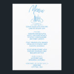 Menu Casamento mediterrânico Desenho à Manuscrita Azul<br><div class="desc">Um menu janto de casamento branco e azul moderno e retro funky. Que apresenta modelo design de chic de fundo branco e tipografia escrita à mão azul. Com um conjunto de garrafas e óculos de mesa desenhada à mão e um prato e um garfo. Perfeito e compatível com toda a...</div>