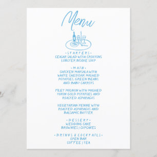 Menu Casamento mediterrânico Desenho à Manuscrita Azul 