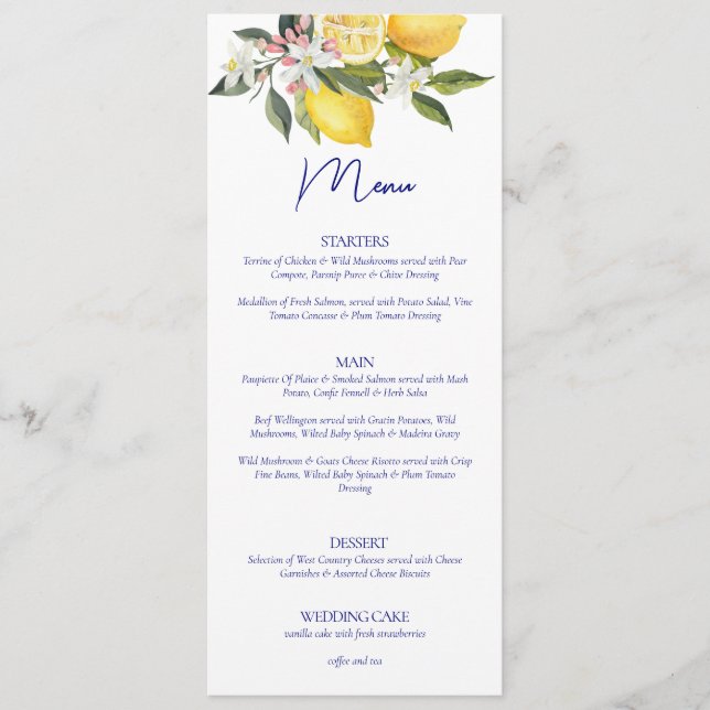 Menu Casamento mediterrânico Elegant Lemon (Frente)