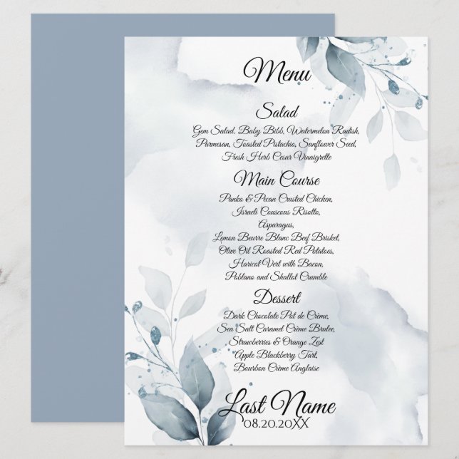 Menu Casamento | Menu Botânico Azul com Pó Persona (Frente/Verso)