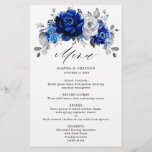 Menu Casamento Metálico Real Azul Prateado<br><div class="desc">Elegante menu de casamento do tema prata azul real,  branco,  com elegante buquê de flores azuis,  Marinhos,  prata,  cor branca pura,  e folhas verdes de eucalipto. Entre em contato comigo para obter ajuda sobre a personalização ou se você precisar de outro produto com este design.</div>