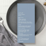 Menu Casamento Minimalista Azul Dusty de Script Moderno<br><div class="desc">Celebre em estilo com estes modernos e muito modernos cartões de cardápio de casamento. Esta design é fácil de personalizar com a sua redação de eventos especiais e os seus convidados ficarão entusiasmados quando virem estes menus fabulosos. Itens correspondentes podem ser encontrados na coleção.</div>