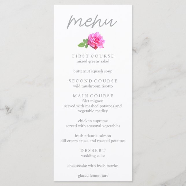 Menu Casamento Minimalista Clássico Rosa Rosa (Frente)