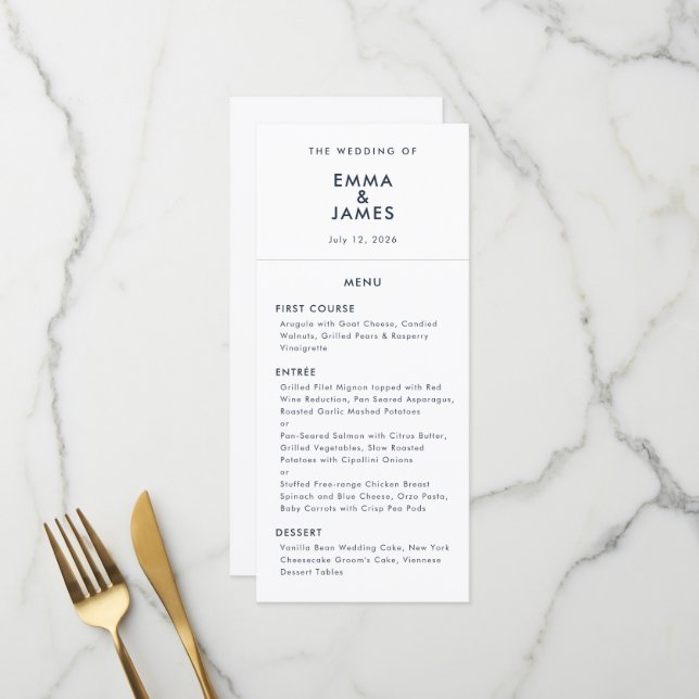 Menu Casamento Minimalista com E comercial Navy | Elega (Frente/Verso In Situ)