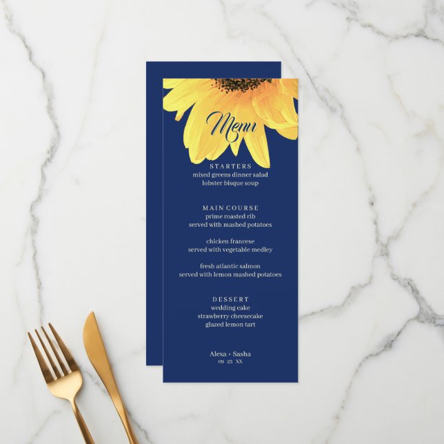 Menu Casamento Minimalista de Girassol Azul escuro (Frente/Verso In Situ)