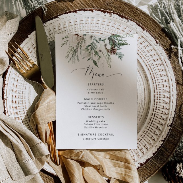 Menu Casamento minimalista de inverno com sempre-verde (Criador carregado)